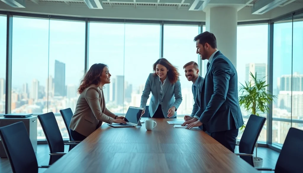 Hire business development reps in a collaborative office setting showcasing teamwork and urban view.