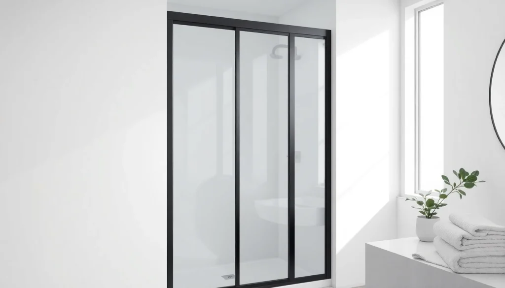 Showcase of a black shower sliding door enhancing a modern bathroom's style and elegance.