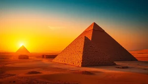 Pyraminds rising majestically in the sunset, revealing their ancient structure and history.