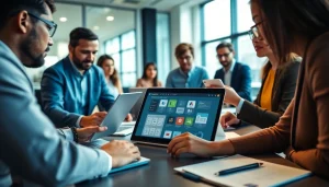 使用WPS下载软件的协作工作区，来自不同行业的专业人士正在协同合作。