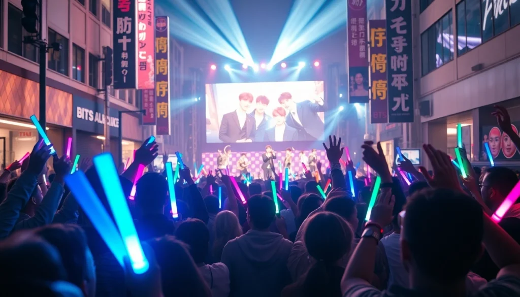 Engaging BTS news performance scene with enthusiastic fans and vibrant lights.