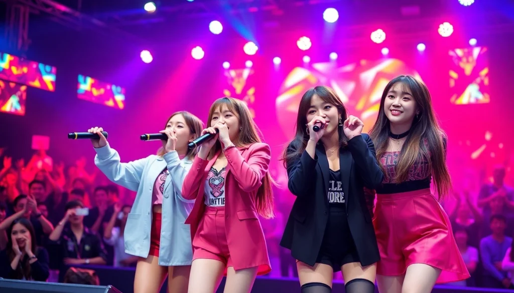 Four Blackpink members performing energetically on stage, showcasing their unique styles and vibrant atmosphere.