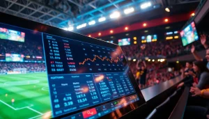 Monitor showcasing ผลบอลสด7m statistics of live soccer games in an energetic sports bar.