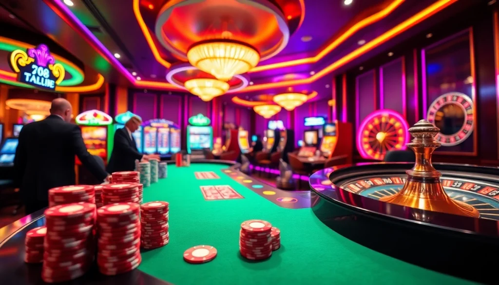 Experience thrills at the casino with link 789club, showcasing poker chips and vibrant slot machines.