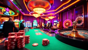 Experience thrills at the casino with link 789club, showcasing poker chips and vibrant slot machines.