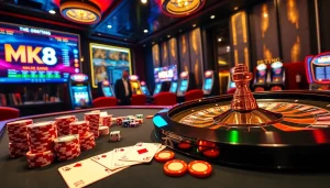 Engaging scene of MK8 online gambling featuring casino tables, roulette wheels, and betting action.