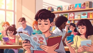 뉴토끼에서 웹툰을 즐기는 사람들의 활기찬 장면을 보여줍니다.