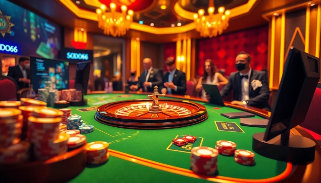 SODO66 online casino interface showcasing vibrant poker chips and a roulette wheel in a luxurious setting.
