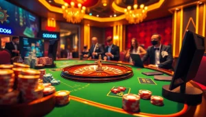 SODO66 online casino interface showcasing vibrant poker chips and a roulette wheel in a luxurious setting.