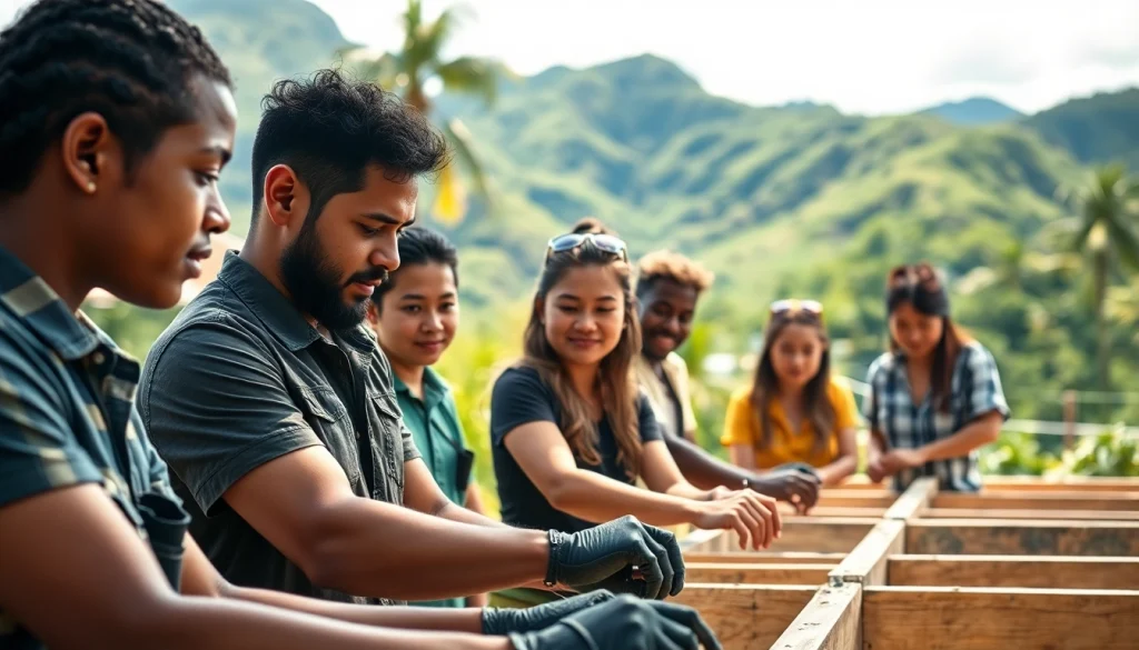 Students training at trade schools in Hawaii, collaborating on hands-on projects amidst a vibrant setting.