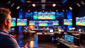 Sports Broadcasting studio with screens showcasing live events and a dynamic presenter engaged with the audience.