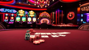 Experience b52 excitement at a luxurious casino with poker tables and vibrant slot machines.