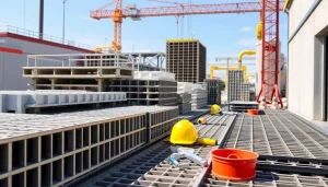 Visual representation of a GRP Grating Supplier showcasing diverse grating materials on a construction site.