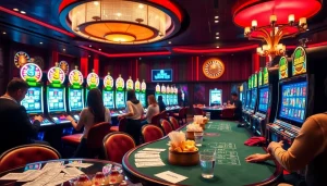 Para pemain yang antusias menikmati mesin Slot Depo 5k di lingkungan kasino mewah.