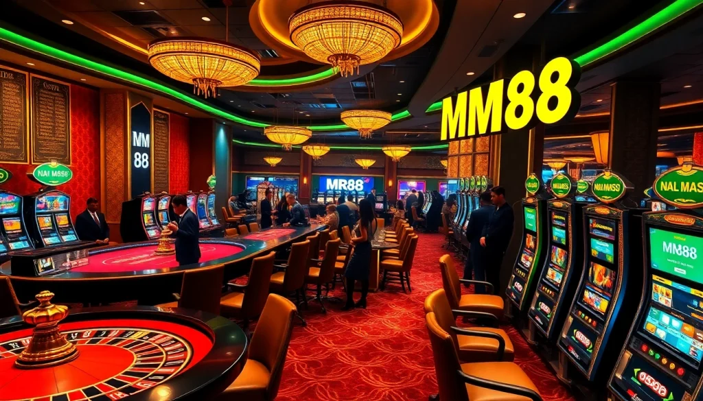 Exciting MM88 casino scene with players at poker and roulette tables, showcasing luxury and thrill.