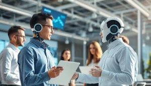 AI Employee collaborating with colleagues in a high-tech office environment.