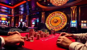 Players strategizing their bets at the b52 club poker table amid a vibrant casino atmosphere.