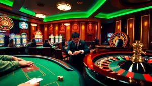 Players eagerly bet at a vibrant 789club casino, showcasing poker tables and slot machines.