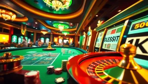 Gameplay di kasino Slot Deposit 1K dengan chip poker dan roda roulette yang menerangi suasana perjudian yang mendebarkan.