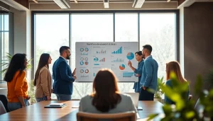 Illustration of workforce development strategies being discussed by a diverse team in a modern office.