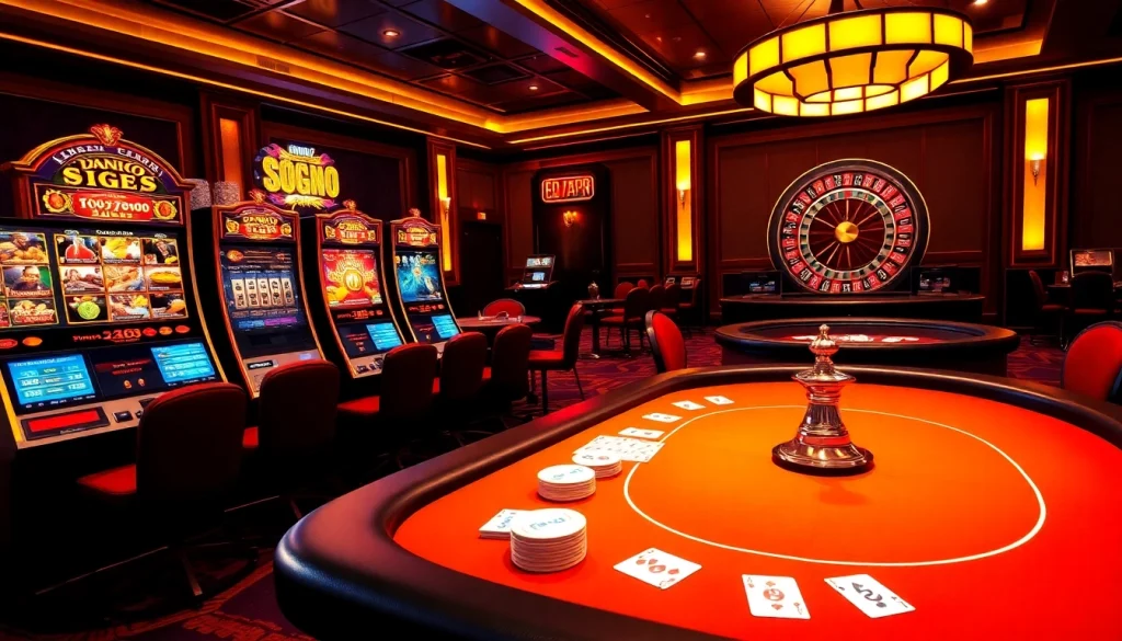 Experience the excitement of jackpot Naga169 with vibrant casino visuals showcasing slot machines and poker action.