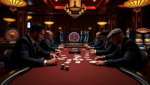 Engage with the hidden wiki as players strategize at a high-stakes poker table with vibrant casino ambiance.