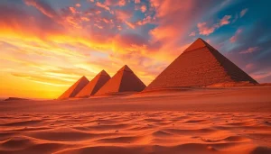 Explore the majestic piraminds of Giza set against a stunning sunset landscape.