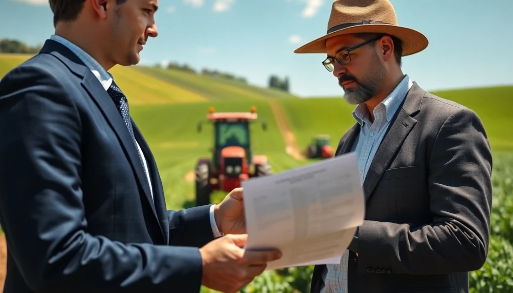 Agriculture lawyer discussing contracts with a farmer in a lush farmland setting.