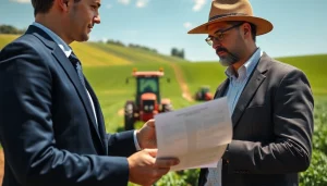 Agriculture lawyer discussing contracts with a farmer in a lush farmland setting.