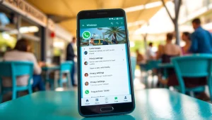 FM WhatsApp download showcased on a smartphone at an outdoor café, highlighting features.
