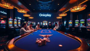 Engage with Onicplay's thrilling casino atmosphere featuring diverse players and vibrant gaming tables.