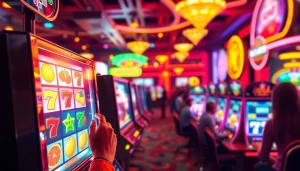 Menang di slot depo 1k dengan suasana kasino yang ceria dan penuh warna.