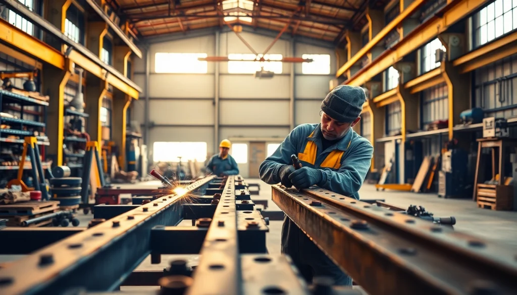 Expert in structural steel fabrication welding beams in a bright industrial workshop.