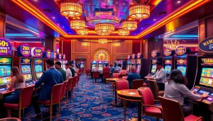 Pemain yang antusias menikmati permainan slot deposit pulsa di kasino mewah.