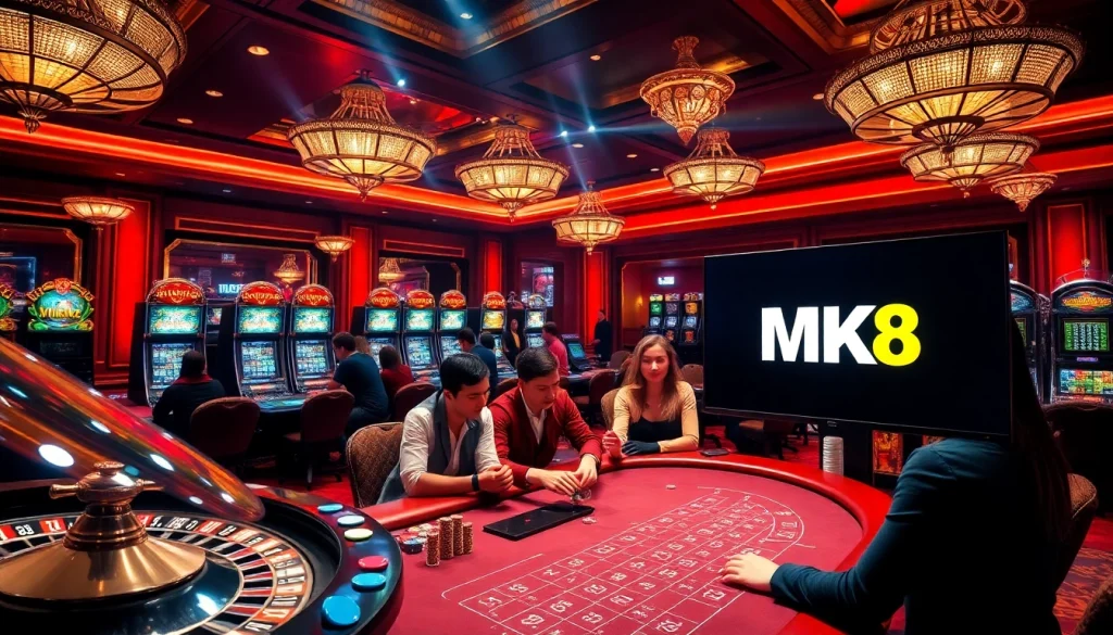 Players enjoying an exciting poker game at a luxury casino featuring MK8 branding.