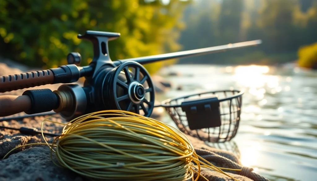 Angler preparing Fly fishing line setup by a serene riverbank during early morning.