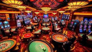 Players enjoying an exciting gaming experience at https://j88.gives/, with vibrant casino tables and elegant decor.