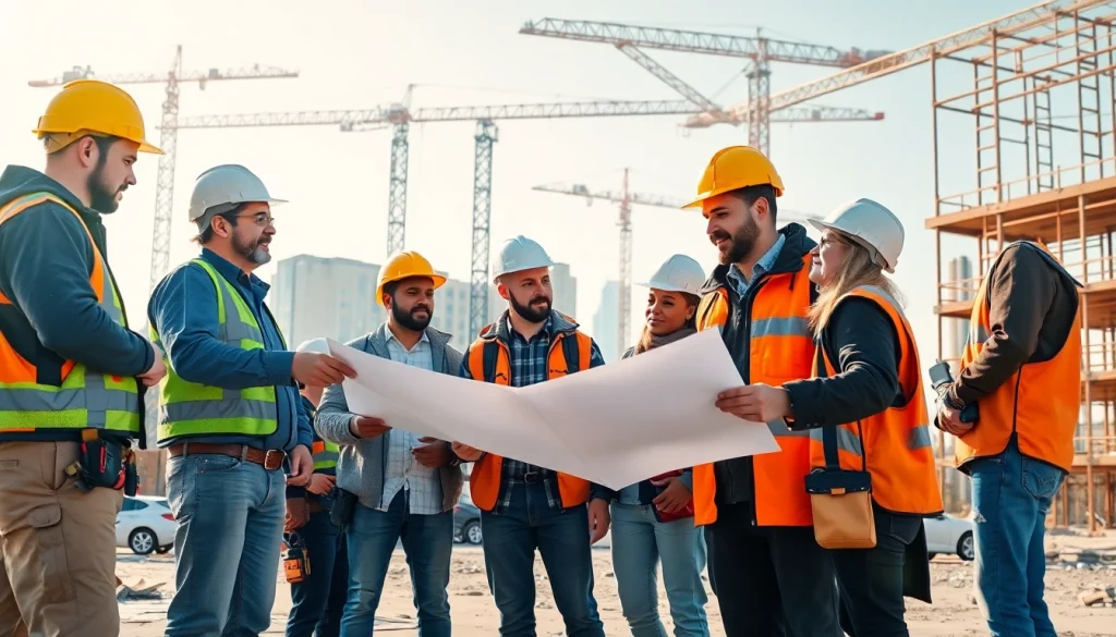 Engaged professionals in careers in construction reviewing plans on a busy work site.