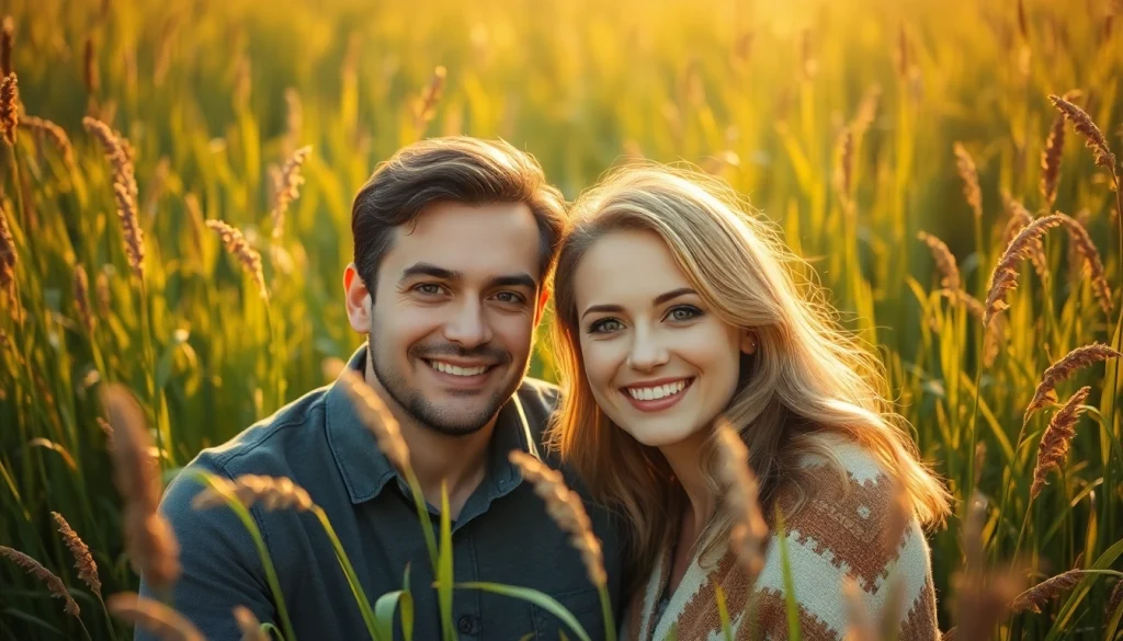 Capture of Light & airy photography showcasing a couple in a golden hour meadow, exuding warmth and tranquility.