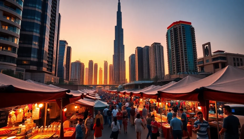 Explore an exciting market scene representing things to do in Dubai with vibrant colors.