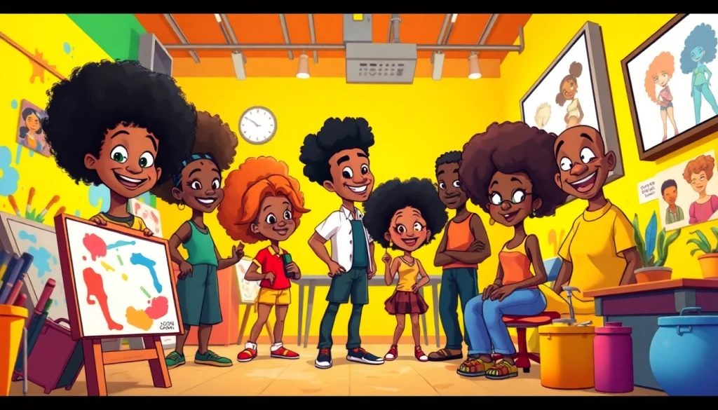 A vibrant illustration of African American cartoons characters surrounded by creativity and joy in a cartoon studio setting.