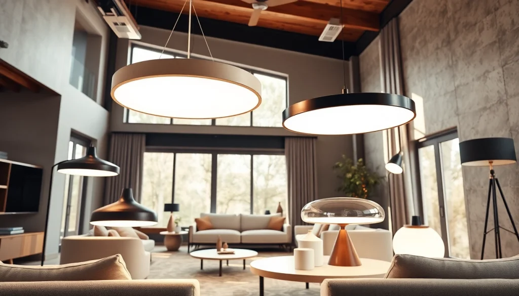 Shop ModernLighting with stylish fixtures enhancing a contemporary living room atmosphere.