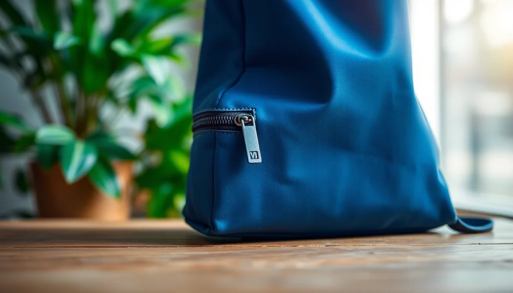 Stylish abschließbare Handytasche on a table, showcasing its sleek design and zipper.