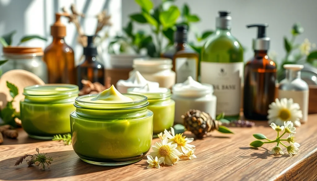 Prirodna kozmetika u obrtima na drvenom stolu, ističući kvalitetne proizvode.