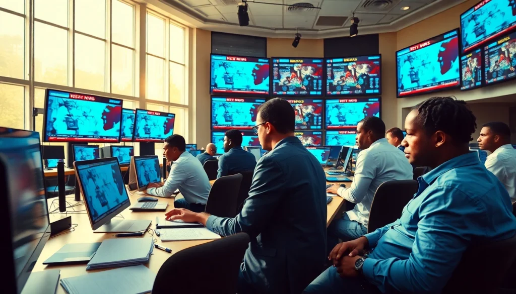 Engaging scene showcasing professionals delivering Kenya News in a lively newsroom.