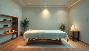 차분한 장식과 분위기 조명이 있는 스웨디시 마사지 치료 룸