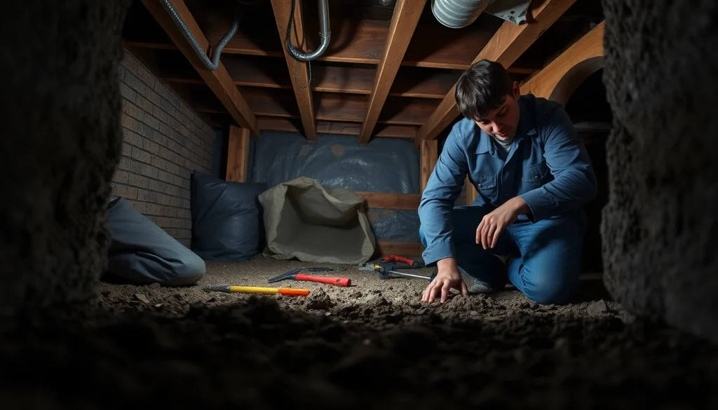 Crawl Space Restoration with contractor inspecting moisture issues in transformed area.