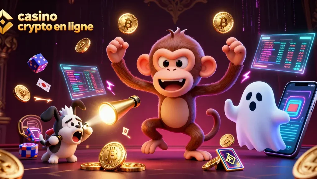Animation captivante d'un casino crypto en ligne avec des personnages engageants pour attirer les joueurs.